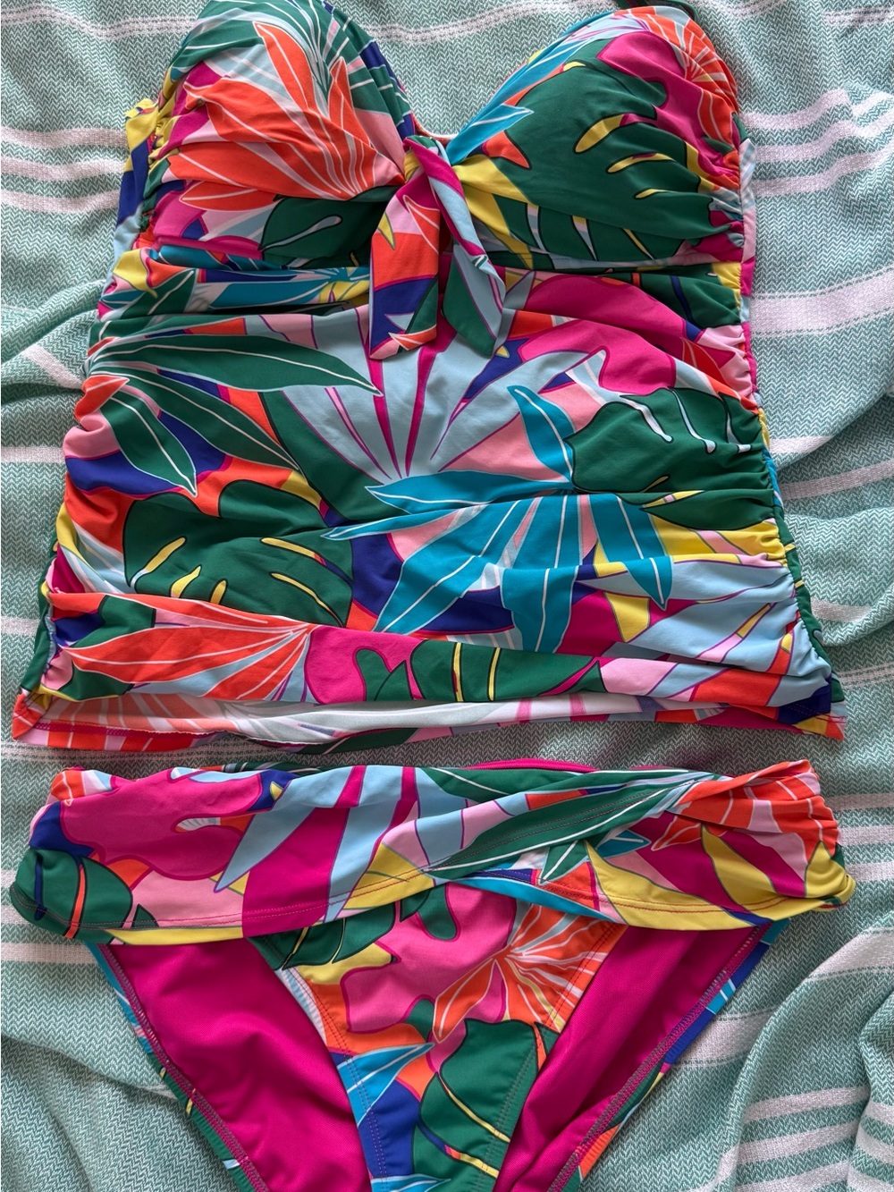 Bleu Rod Beattie Tropical Leaf Ruched Tankini in Pink, Green & Blue